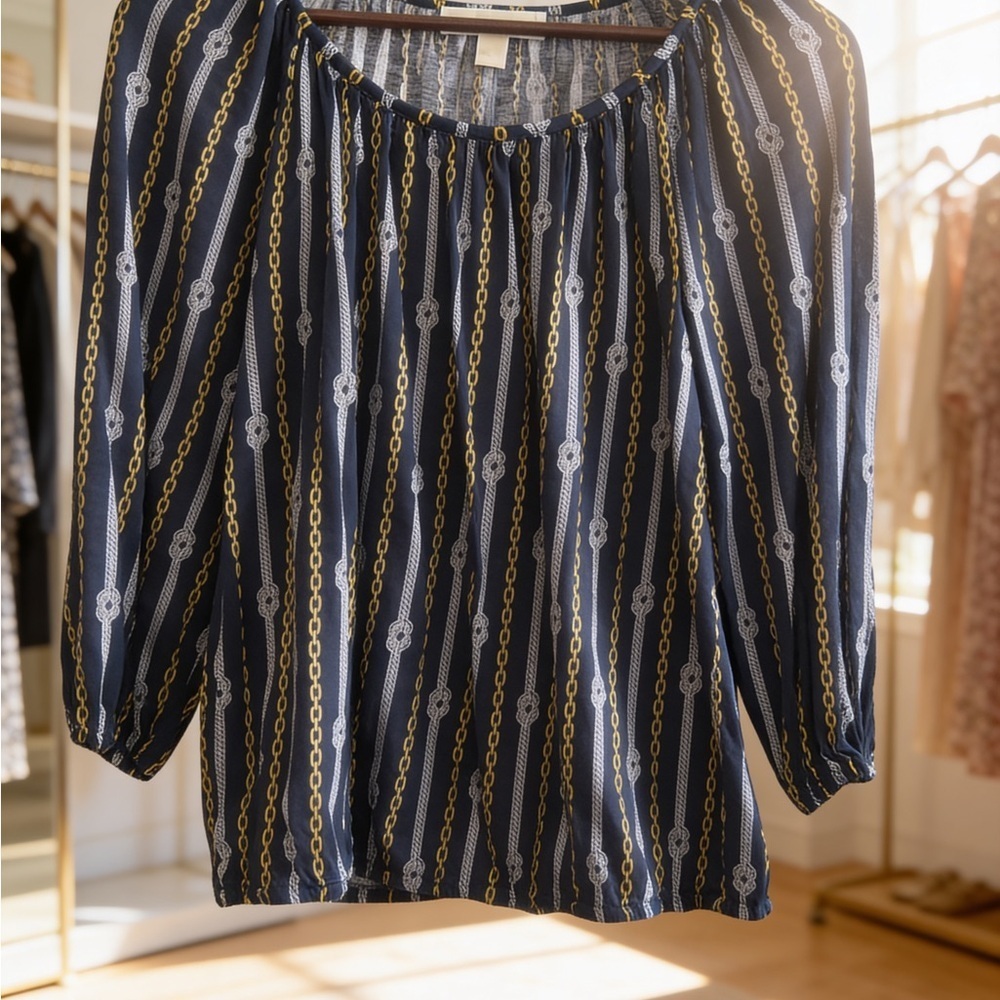 Michael Kors Navy and Gold Chain Print Blouse